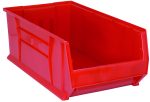 The Quantum Hulk 30 Container is a red polypropylene storage bin, measuring 29-7/8L x 16-1/2W x 11H. Made in the USA, it features an open front, reinforced sides, and a rectangular shape perfect for organizing.