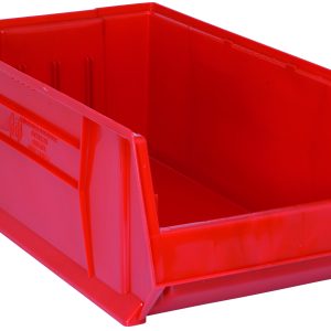 The Quantum Hulk 30 Container is a red polypropylene storage bin, measuring 29-7/8L x 16-1/2W x 11H. Made in the USA, it features an open front, reinforced sides, and a rectangular shape perfect for organizing.