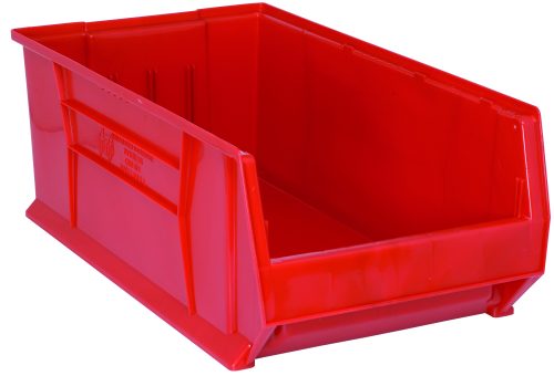 The Quantum Hulk 30 Container is a red polypropylene storage bin, measuring 29-7/8L x 16-1/2W x 11H. Made in the USA, it features an open front, reinforced sides, and a rectangular shape perfect for organizing.