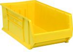 The Quantum Hulk 30 Container is a vibrant yellow, open-topped, polypropylene storage bin with a slightly angled front and smooth sides. Its stackable and efficient, measuring 29-7/8”L x 16-1/2”W x 11”H, elegantly resting against a white backdrop. Made in the USA.