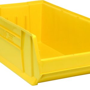 The Quantum Hulk 30 Container is a vibrant yellow, open-topped, polypropylene storage bin with a slightly angled front and smooth sides. Its stackable and efficient, measuring 29-7/8”L x 16-1/2”W x 11”H, elegantly resting against a white backdrop. Made in the USA.