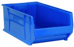 The Quantum Hulk 30 Container is a sturdy, stackable polypropylene blue bin with reinforced edges, measuring 29-7/8L x 18-1/4W x 12H. Made in the USA, its ideal for organizing items and features an open front, highlighted against a clean white background.