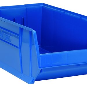 The Quantum Hulk 30 Container is a sturdy, stackable polypropylene blue bin with reinforced edges, measuring 29-7/8L x 18-1/4W x 12H. Made in the USA, its ideal for organizing items and features an open front, highlighted against a clean white background.