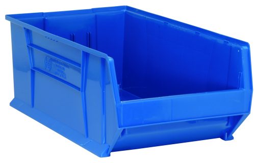 The Quantum Hulk 30 Container is a sturdy, stackable polypropylene blue bin with reinforced edges, measuring 29-7/8L x 18-1/4W x 12H. Made in the USA, its ideal for organizing items and features an open front, highlighted against a clean white background.