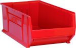 The Quantum Hulk 30 Container is a stackable, red polypropylene bin with an open front and reinforced sides. Made in the USA, it features a label area for easy identification, ideal for organizing tools or small items efficiently. Dimensions: 29-7/8L x 18-1/4W x 12H.