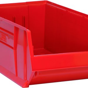 The Quantum Hulk 30 Container is a stackable, red polypropylene bin with an open front and reinforced sides. Made in the USA, it features a label area for easy identification, ideal for organizing tools or small items efficiently. Dimensions: 29-7/8L x 18-1/4W x 12H.