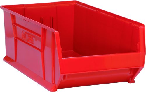 The Quantum Hulk 30 Container is a stackable, red polypropylene bin with an open front and reinforced sides. Made in the USA, it features a label area for easy identification, ideal for organizing tools or small items efficiently. Dimensions: 29-7/8L x 18-1/4W x 12H.