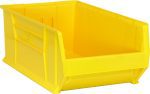 The Quantum Hulk 30 Container is a bright yellow, stackable polypropylene storage bin with an open front and reinforced sides for organizing items. It measures 29-7/8L x 18-1/4W x 12H and is made in the USA, pictured empty on a plain white background.
