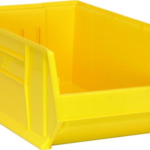 The Quantum Hulk 30 Container is a bright yellow, stackable polypropylene storage bin with an open front and reinforced sides for organizing items. It measures 29-7/8L x 18-1/4W x 12H and is made in the USA, pictured empty on a plain white background.