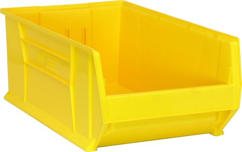 The Quantum Hulk 30 Container is a bright yellow, stackable polypropylene storage bin with an open front and reinforced sides for organizing items. It measures 29-7/8L x 18-1/4W x 12H and is made in the USA, pictured empty on a plain white background.