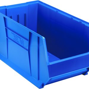 The Quantum Hulk 30 Container is a blue, stackable polypropylene storage bin with an open front and reinforced sides, perfect for efficient organization and storage. Made in the USA, it measures 29-7/8L x 16-1/2W x 15H.