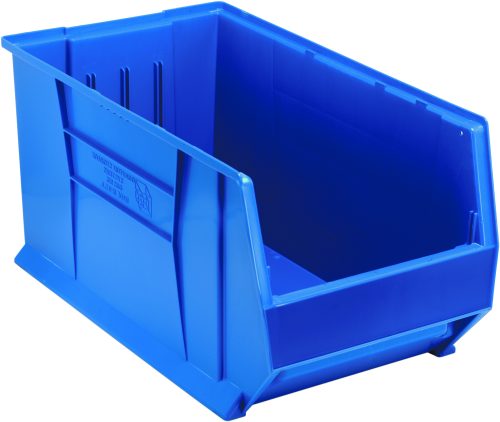 The Quantum Hulk 30 Container is a blue, stackable polypropylene storage bin with an open front and reinforced sides, perfect for efficient organization and storage. Made in the USA, it measures 29-7/8L x 16-1/2W x 15H.