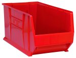 The Quantum Hulk 30 container, made in the USA from polypropylene, measures 29-7/8L x 16-1/2W x 15H. It is red, stackable, and features an open top with a slanted front for easy access. Solid sides and back provide structure and support, making it ideal for organizing and storing various items efficiently.