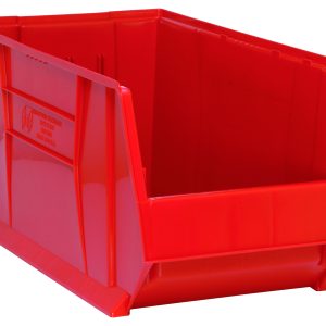 The Quantum Hulk 30 container, made in the USA from polypropylene, measures 29-7/8L x 16-1/2W x 15H. It is red, stackable, and features an open top with a slanted front for easy access. Solid sides and back provide structure and support, making it ideal for organizing and storing various items efficiently.