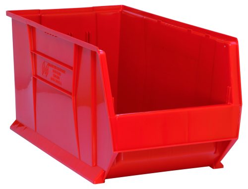QUS976_RD.jpg The Quantum Hulk 30 container, made in the USA from polypropylene, measures 29-7/8L x 16-1/2W x 15H. It is red, stackable, and features an open top with a slanted front for easy access. Solid sides and back provide structure and support, making it ideal for organizing and storing various items efficiently.