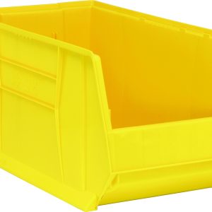 The Quantum Hulk 30 container, in vibrant yellow, measures 29-7/8L x 16-1/2W x 15H and features a smart rectangular design with a low front for easy access. Its reinforcing side ridges ensure durability. Made in the USA from polypropylene, its also stackable.