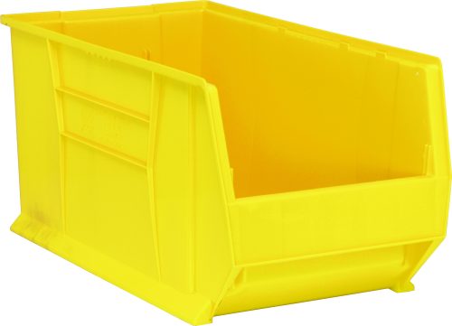 The Quantum Hulk 30 container, in vibrant yellow, measures 29-7/8L x 16-1/2W x 15H and features a smart rectangular design with a low front for easy access. Its reinforcing side ridges ensure durability. Made in the USA from polypropylene, its also stackable.