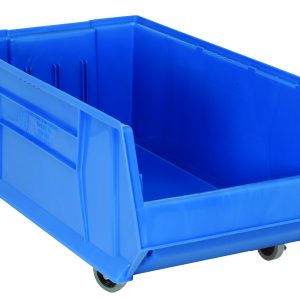 The Quantum Hulk 30 Container is a mobile, stackable blue storage bin with an open front and four small wheels. Made in the USA from polypropylene, it measures 29-7/8L x 16-1/2W x 14H for versatile organizing.