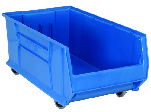 QUS984MOB_BL.jpg The Quantum Hulk 30 Container is a mobile, stackable blue storage bin with an open front and four small wheels. Made in the USA from polypropylene, it measures 29-7/8L x 16-1/2W x 14H for versatile organizing.