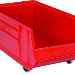 The Quantum Hulk 30 Container is a stackable, red polypropylene storage bin with dimensions of 29-7/8L x 16-1/2W x 14H. Made in the USA, it features an open front and four small wheels for easy mobility, making it perfect for organizing or transporting items.