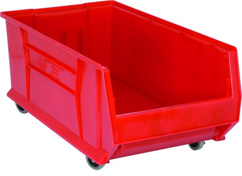 QUS984MOB_RD.jpg The Quantum Hulk 30 Container is a stackable, red polypropylene storage bin with dimensions of 29-7/8L x 16-1/2W x 14H. Made in the USA, it features an open front and four small wheels for easy mobility, making it perfect for organizing or transporting items.