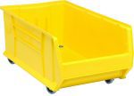 The Quantum Hulk 30 Container, made in the USA and stackable, is crafted from yellow polypropylene and measures 29-7/8L x 16-1/2W x 14H. It features a slanted opening and is equipped with small wheels for easy mobility.
