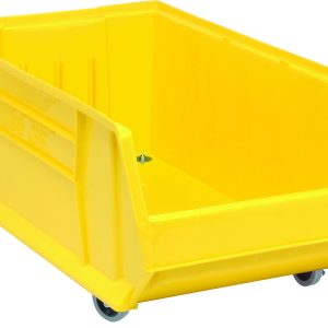 The Quantum Hulk 30 Container, made in the USA and stackable, is crafted from yellow polypropylene and measures 29-7/8L x 16-1/2W x 14H. It features a slanted opening and is equipped with small wheels for easy mobility.