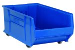 The Quantum Hulk 30 Container is a blue, mobile polypropylene storage bin made in the USA. Its stackable with an open top and lower front edge for easy access, featuring solid sides without visible handles, ideal for organizing your space.