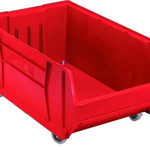 The Quantum Hulk 30 Container is a spacious, stackable red storage bin made in the USA. Measuring 29-7/8L x 18-1/4W x 15H, it features open tops, cutout handles, four wheels for mobility, and vertical grooves on the sides for versatile polypropylene storage.