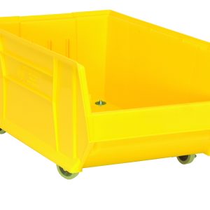 The Quantum Hulk 30 Mobile Container, made in the USA from durable yellow polypropylene, has solid sides and a slightly sloped open front edge. It features four wheels for easy mobility, smooth surfaces for stackable organization, and dimensions of 29-7/8L x 18-1/4W x 15H.