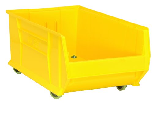 QUS985MOB_YL.jpg The Quantum Hulk 30 Mobile Container, made in the USA from durable yellow polypropylene, has solid sides and a slightly sloped open front edge. It features four wheels for easy mobility, smooth surfaces for stackable organization, and dimensions of 29-7/8L x 18-1/4W x 15H.