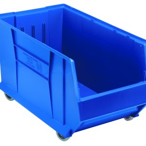 The Quantum Hulk 30 Blue Container, made in the USA from polypropylene, features an open front and four small wheels for easy mobility. Its stackable design ensures efficient item organization and transport within a compact 29-7/8L x 16-1/2W x 18H frame.