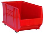 The Quantum Hulk 30 Container is a spacious red bin with four small wheels, measuring 29-7/8L x 16-1/2W x 18H. Made of durable polypropylene in the USA, it features an open front for easy access, ideal for organizing and stacking items effortlessly.