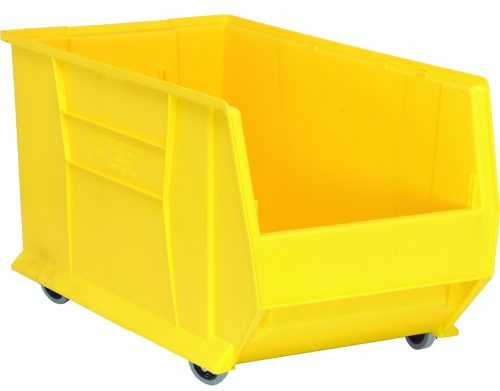 QUS986MOB_YL.jpg The Quantum Hulk 30 Mobile Container, stackable and made in the USA from yellow polypropylene, features an open front for easy access, reinforced sides, a textured surface, small wheels for mobility, and measures 29-7/8L x 16-1/2W x 18H.