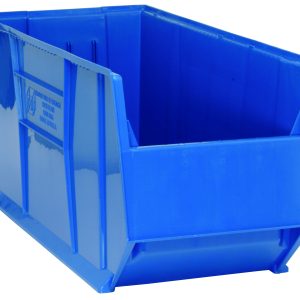 The Quantum Hulk 36 container, measuring 35-7/8L x 16-1/2W x 17-1/2H, is a sturdy, stackable blue polypropylene bin with an open front and reinforced sidewalls for versatile organization. Made in the USA.
