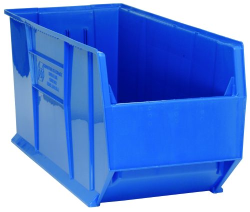 The Quantum Hulk 36 container, measuring 35-7/8L x 16-1/2W x 17-1/2H, is a sturdy, stackable blue polypropylene bin with an open front and reinforced sidewalls for versatile organization. Made in the USA.