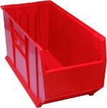 The Quantum Hulk 36 red polypropylene storage bin, made in the USA with dimensions of 35-7/8L x 16-1/2W x 17-1/2H, has a flat bottom and vertical grooves for easy stacking. Its open top and lower side ensure convenient access, highlighting its depth and sturdy structure.