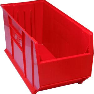 The Quantum Hulk 36 red polypropylene storage bin, made in the USA with dimensions of 35-7/8L x 16-1/2W x 17-1/2H, has a flat bottom and vertical grooves for easy stacking. Its open top and lower side ensure convenient access, highlighting its depth and sturdy structure.
