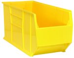 The Quantum Hulk 36 Container is a yellow, rectangular polypropylene bin measuring 35-7/8L x 16-1/2W x 17-1/2H. It features an open front, ribbed sides for strength, and a tapered design for stackability, proudly made in the USA for heavy-duty use.