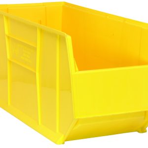 The Quantum Hulk 36 Container is a yellow, rectangular polypropylene bin measuring 35-7/8L x 16-1/2W x 17-1/2H. It features an open front, ribbed sides for strength, and a tapered design for stackability, proudly made in the USA for heavy-duty use.