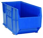 The Quantum Hulk 36 Container is a mobile, blue polypropylene industrial storage bin made in the USA. It features an open top, side label, slanted front for easy access, measures 35-7/8L x 16-1/2W x 20-1/2H, and rests on four wheels for effortless mobility.