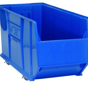 The Quantum Hulk 36 Container is a mobile, blue polypropylene industrial storage bin made in the USA. It features an open top, side label, slanted front for easy access, measures 35-7/8L x 16-1/2W x 20-1/2H, and rests on four wheels for effortless mobility.
