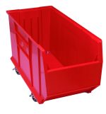 The Quantum Hulk 36 Container is a large, red, rectangular mobile cart made from polypropylene. It features an open top, ribbed sides for strength, and is stackable. Mounted on four wheels, its vibrant color stands out against a white background. Made in the USA and measures 35-7/8L x 16-1/2W x 20-1/2H.