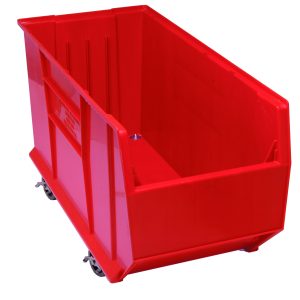 The Quantum Hulk 36 Container is a large, red, rectangular mobile cart made from polypropylene. It features an open top, ribbed sides for strength, and is stackable. Mounted on four wheels, its vibrant color stands out against a white background. Made in the USA and measures 35-7/8L x 16-1/2W x 20-1/2H.