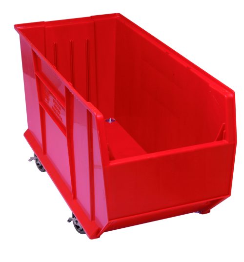The Quantum Hulk 36 Container is a large, red, rectangular mobile cart made from polypropylene. It features an open top, ribbed sides for strength, and is stackable. Mounted on four wheels, its vibrant color stands out against a white background. Made in the USA and measures 35-7/8L x 16-1/2W x 20-1/2H.