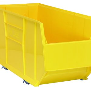 A large, bright yellow Quantum Hulk 36 Container with an open front and ribbed sides for reinforcement. This mobile bin, measuring 35-7/8L x 16-1/2W x 20-1/2H, features small wheels for easy maneuvering and is made in the USA from polypropylene.