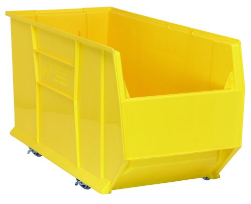 QUS994MOB_YL.jpg A large, bright yellow Quantum Hulk 36 Container with an open front and ribbed sides for reinforcement. This mobile bin, measuring 35-7/8L x 16-1/2W x 20-1/2H, features small wheels for easy maneuvering and is made in the USA from polypropylene.