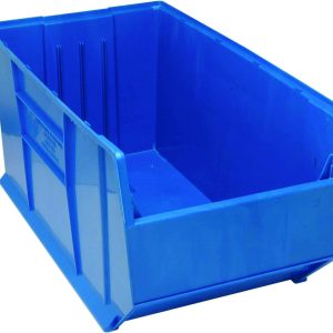 Discover the Quantum Hulk 36 Container: this empty, blue polypropylene storage bin measures 35-7/8L x 19-7/8W x 17-1/2H. With a wide open front and solid sides, its expertly crafted in the USA for stackable organizing or storing versatility.
