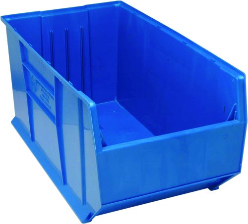 Discover the Quantum Hulk 36 Container: this empty, blue polypropylene storage bin measures 35-7/8L x 19-7/8W x 17-1/2H. With a wide open front and solid sides, its expertly crafted in the USA for stackable organizing or storing versatility.