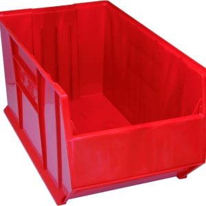 The Quantum Hulk 36 Container, measuring 35-7/8L x 19-7/8W x 17-1/2H, is a stackable red polypropylene organizer made in the USA. It has open top and front, with solid sides featuring slightly raised edges for added stability, ideal for small item storage.